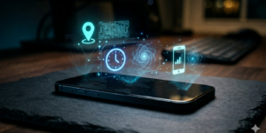 Mobile phone laid flat on the table, with hover over holograms of location, time, and other symbols indicating metadata