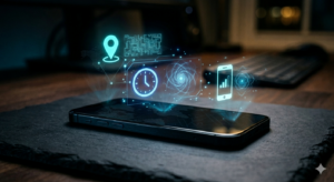 Mobile phone laid flat on the table, with hover over holograms of location, time, and other symbols indicating metadata