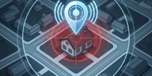 Photo showing a location symbol over a house overlaid on a street map