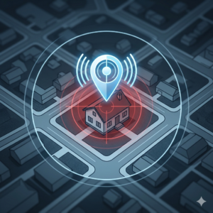 Photo showing a location symbol over a house overlaid on a street map