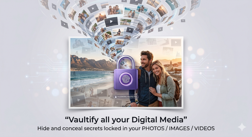 lots of photos and videos in a whirlpool style being sucked into a photo of a couple on a holiday shoot, where they have slight overlay indicating it's concealed/hidden into the photo