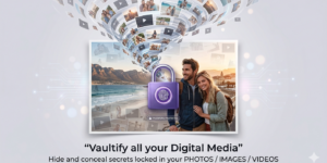 lots of photos and videos in a whirlpool style being sucked into a photo of a couple on a holiday shoot, where they have slight overlay indicating it's concealed/hidden into the photo