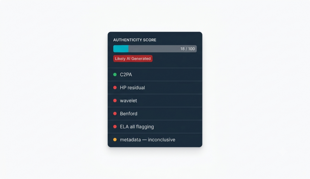 Mockup of a snapWONDERS Authenticity Score card showing a low score with "Likely AI Generated" verdict and six signal rows