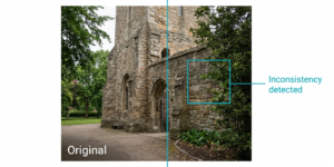 A photograph split vertically — left half shows a pristine original outdoor scene labelled "Original"; right half shows the same scene with a thin cyan "Inconsistency detected" overlay on a region of compression irregularity