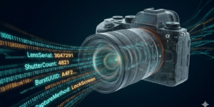 camera with streams coming out of the lens trying to illustrate that camera contains makernote