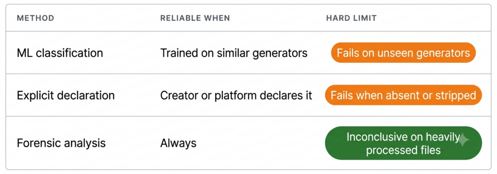 Three-row comparison table showing ML classification, explicit declaration, and forensic analysis — with reliability and failure mode for each