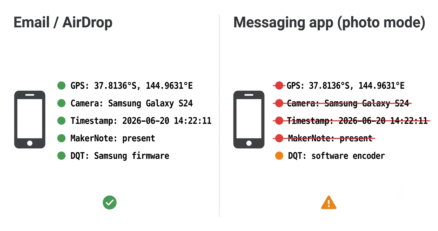 Image showing what metadata survives when you send via different means