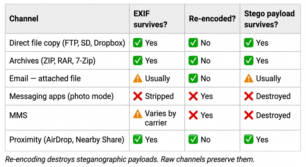 Tabulated data showing what metadata survives when sharing photos across different mediums