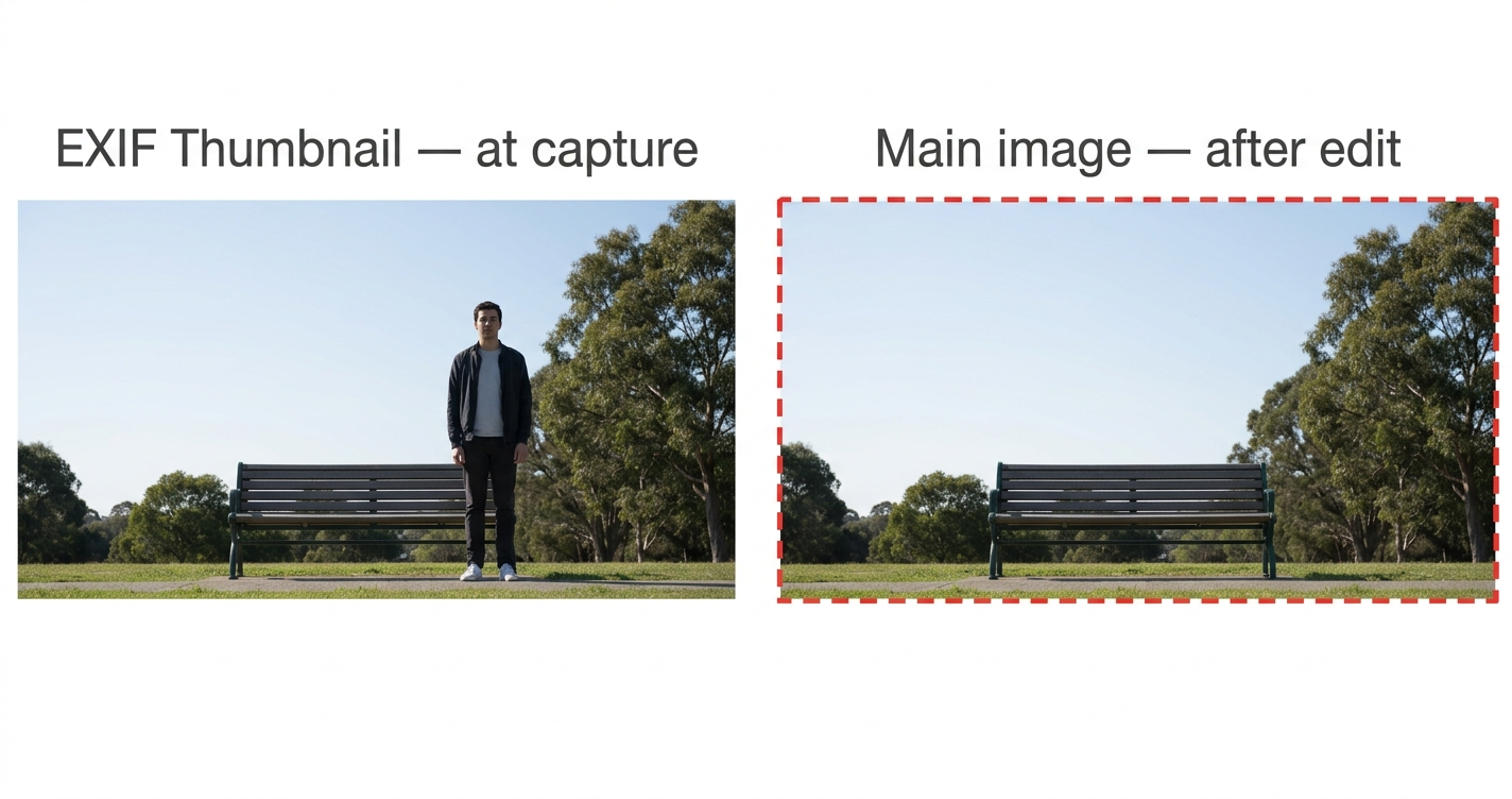 Photo shows LHS and RHS where LHS has person standing in photo and RHS has person missing
