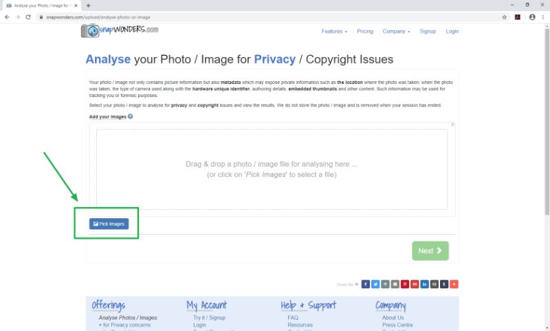 The snapWONDERS analyse page, where a photo is selected for examination