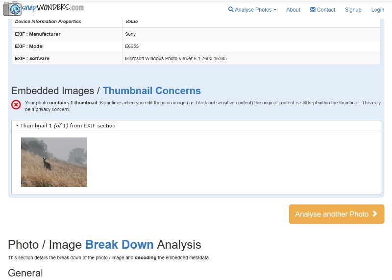 Thumbnails extracted from inside a photo's metadata, still showing the content that was blacked out