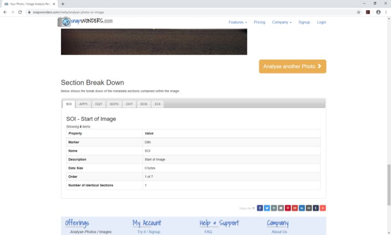 The section breakdown listing every metadata field found in the photo
