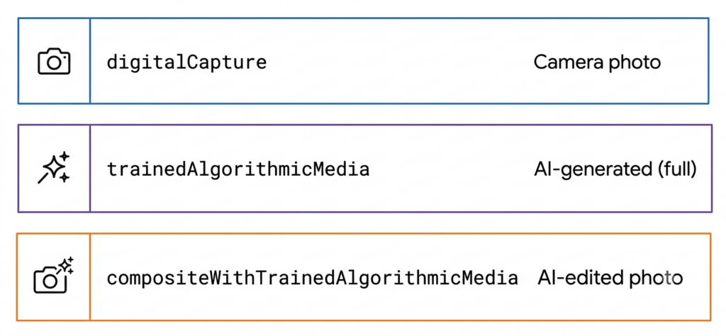 lat technical diagram, white background, three horizontal rows stacked vertically, each row containing covering a key group in c2pa