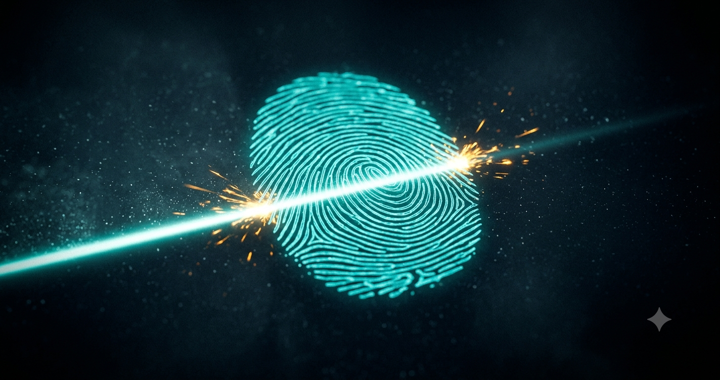 Dramatic macro scan of a glowing digital seal being authenticated by a beam of light.