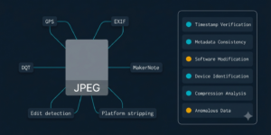 Dark navy hero image showing a JPEG file icon surrounded by six forensic signal indicators with a simplified report panel on the right