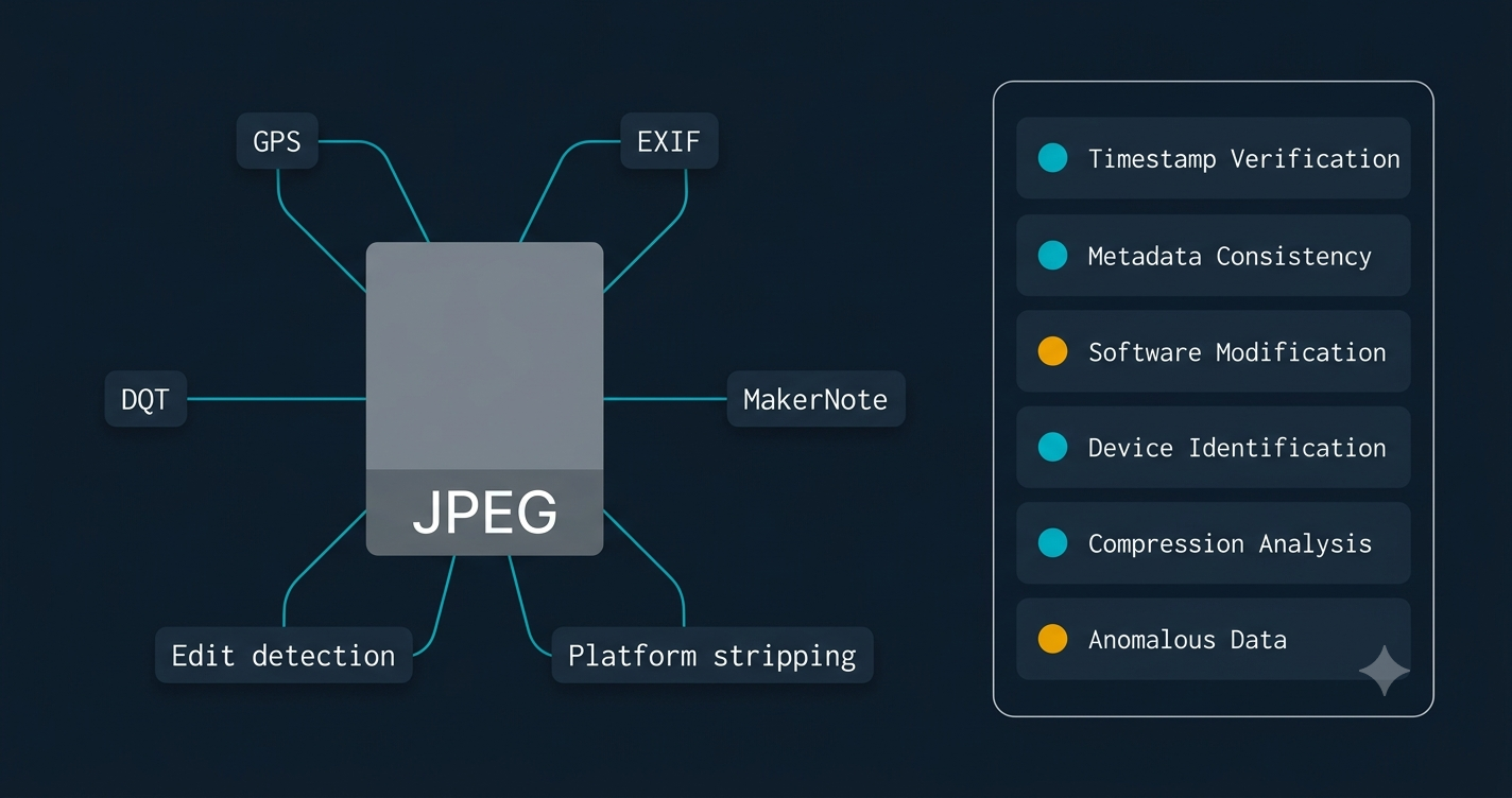 Dark navy hero image showing a JPEG file icon surrounded by six forensic signal indicators with a simplified report panel on the right