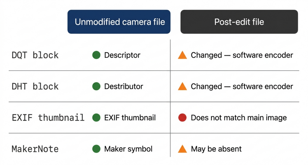 Two-column comparison diagram showing expected state of an unmodified camera file versus a post-edit file, with conflict indicators on four signal rows