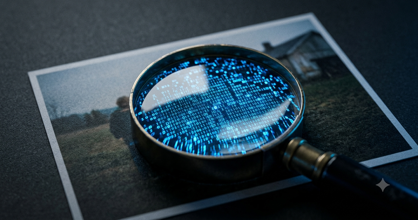 magnifying glass on a photo looking for stego evidence