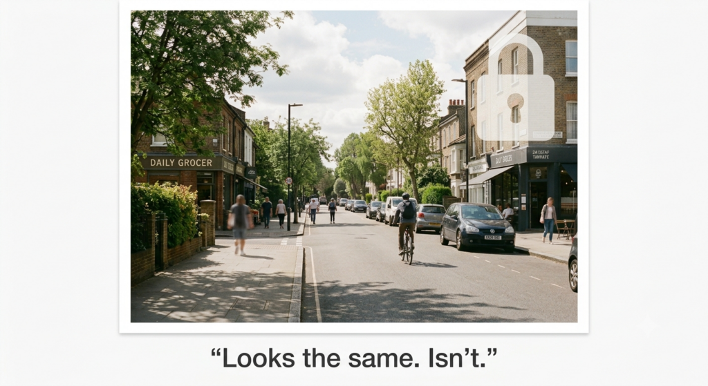 Picture of the street with a subtle lock icon on the top RHS. Label underneath says looks the same but it isn't...