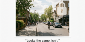 Picture of the street with a subtle lock icon on the top RHS. Label underneath says looks the same but it isn't...