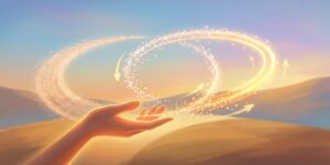 Particles floating above a hand in an endless looping
