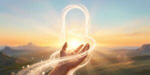Particles floating above a hand forming a doorway leading to hope
