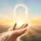 Particles floating above a hand forming a doorway leading to hope