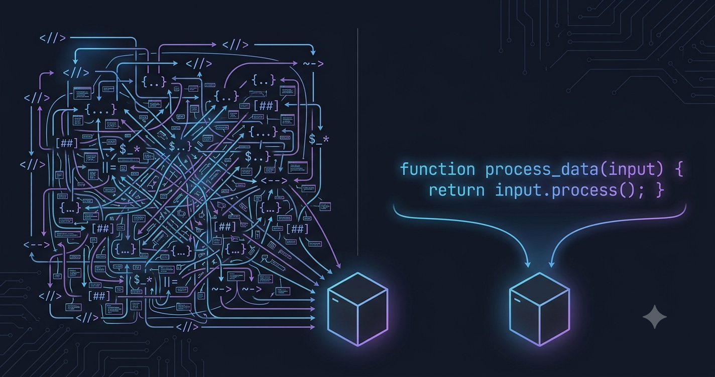 Diagram showing LHS / RHS of busy/complex calls verses a single function call to a SDK
