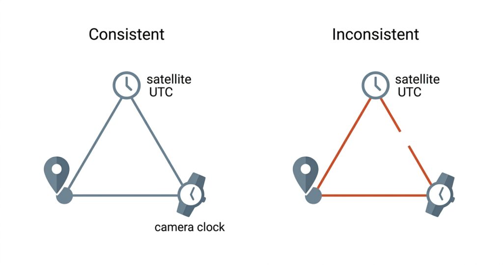 Picture showing LHS and RHS of working verses broken gps triangle measurement