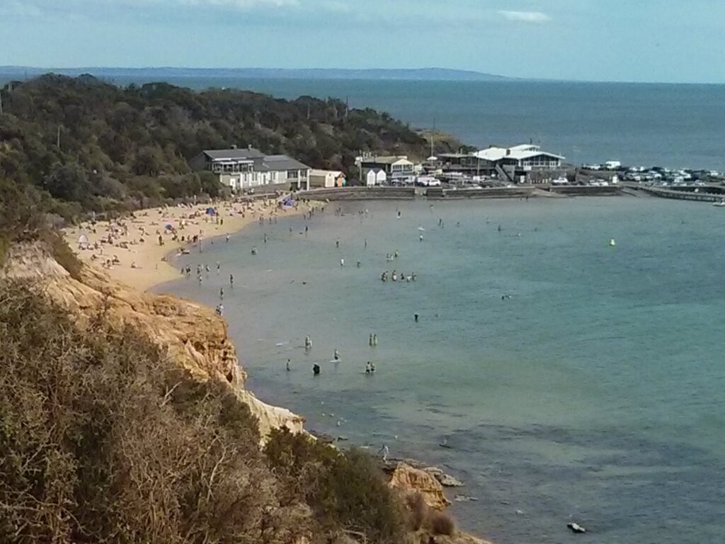 A beach seen from a clifftop, with swimmers in the shallows and buildings along the shore
