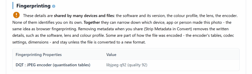 Text just showing what is showing after stripping out fingerprint metadata 