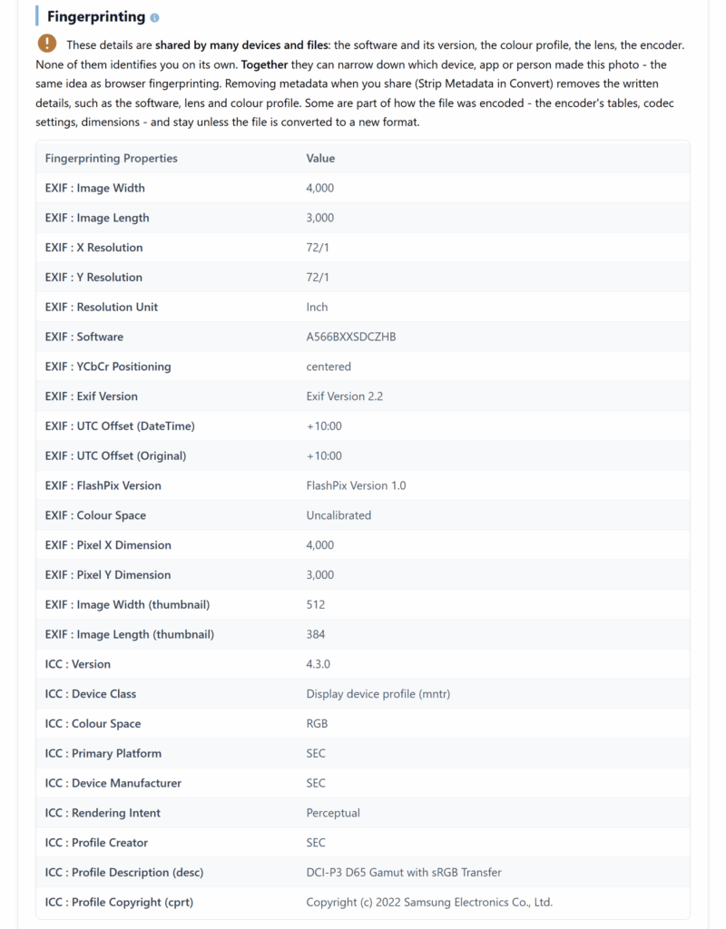 Fingerprint report from a Samsung A56 mobile