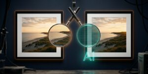 Illustration showing two pictures of the golden sunset where one is real and one is ai generated. The magnifying glass over the ai generated one shows pixelated content representing the ability AI differences