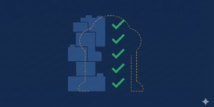 A block structure with a column of green ticks beside it, falling short of the dashed outline of the shape that was intended